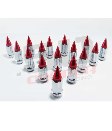 12 x 1.5 mm Chrome Lug Nuts with Anodized Aluminum Spikes - Red