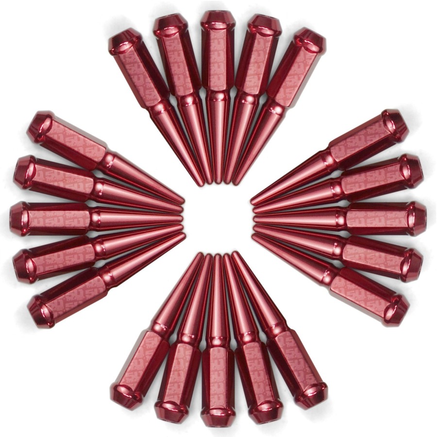 1/2 Inch Extended Spike Lug Nuts - 60 Degree Taper Seat – Pack of 20 for 5 Lug Vehicles – Red