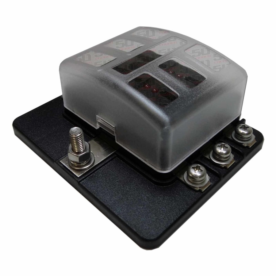 6 Way 12V Circuit Fuse Block - LED Indicators - Ring Terminals