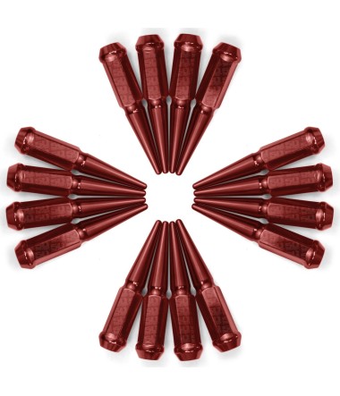 10x1.25mm Extended Spike Lug Nuts - 60 Degree Taper Seat – Set of 16 – Red Finish