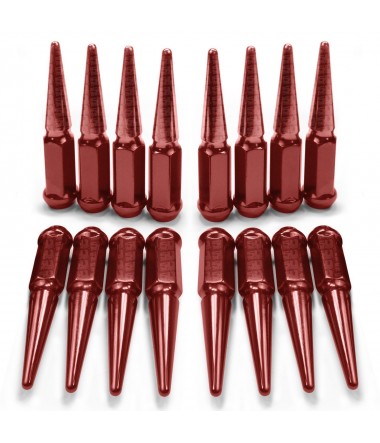 3/8-24 Extended Spike Lug Nuts - 60 Degree Taper Seat – Fits conical seat oem and aftermarket wheels – Red Finish